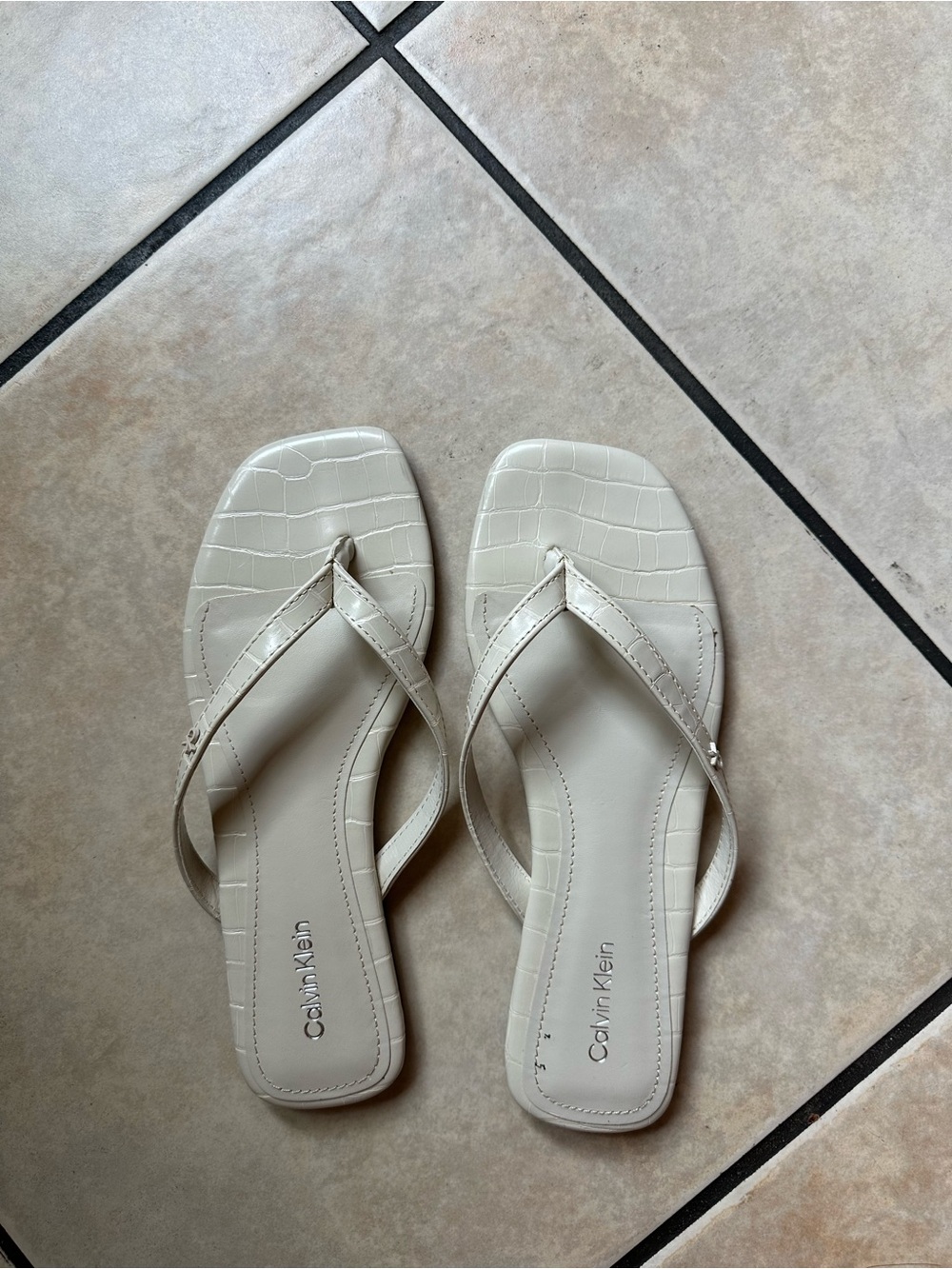 Calvin Klein Croc-Embossed Cream Square-Toe Flip Sandals